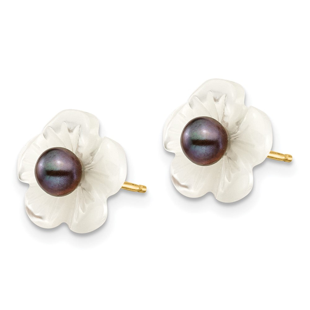 14k 3- Black Round Freshwater Cultured Pearl and White Mother of Pearl Flower Post Earrings