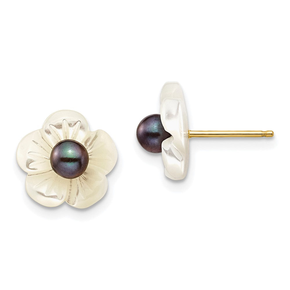 14k 3- Black Round Freshwater Cultured Pearl and White Mother of Pearl Flower Post Earrings