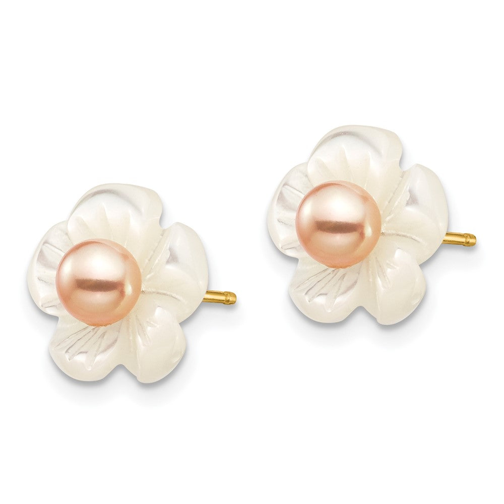 14k 3- Pink Round Freshwater Cultured Pearl and White Mother of Pearl Flower Post Earrings