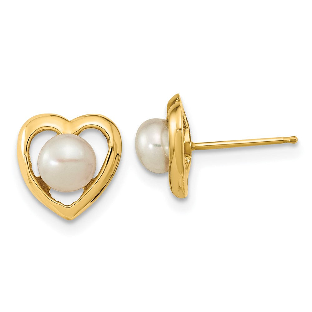 14k 4- White Button Freshwater Cultured Pearl Heart Post Earrings