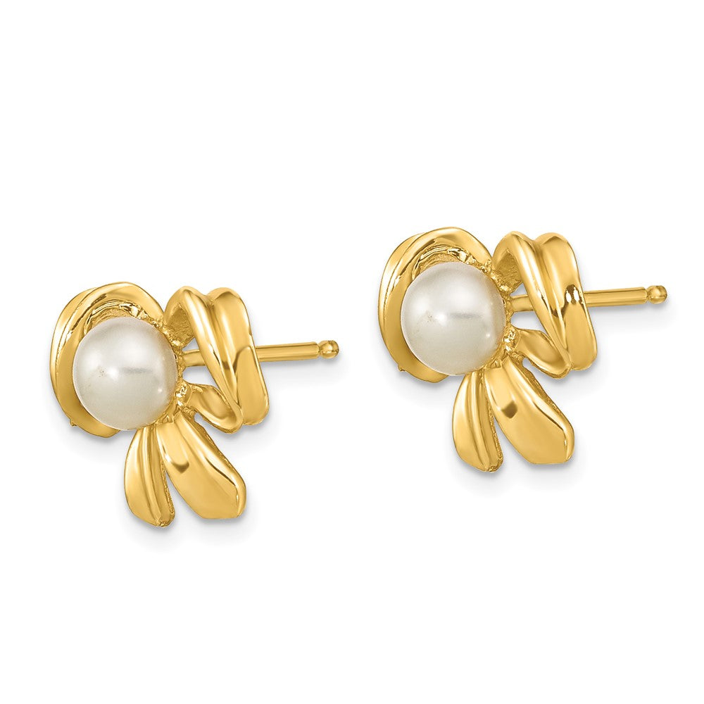 14k 3- White Button Freshwater Cultured Pearl Bow Post Earrings