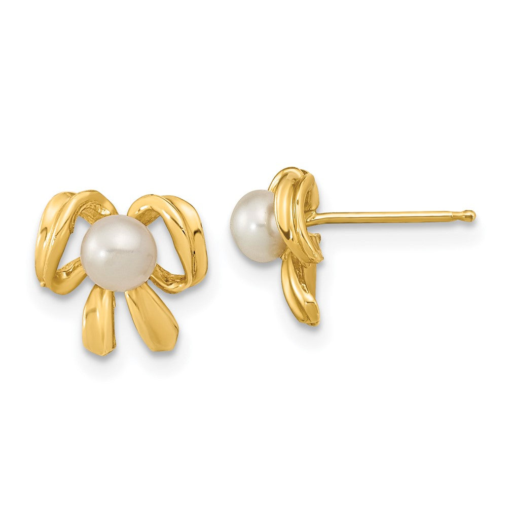 14k 3- White Button Freshwater Cultured Pearl Bow Post Earrings