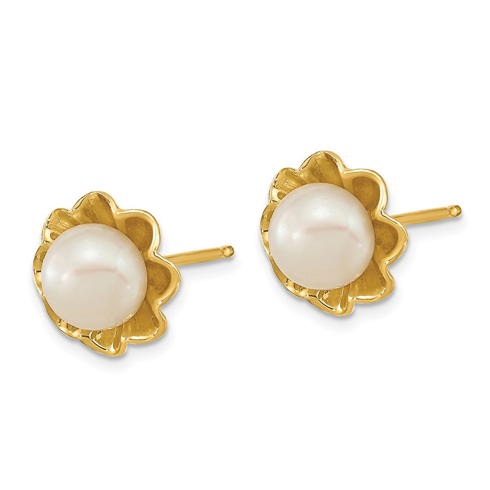 14k 5- White Button Freshwater Cultured Pearl Flower Post Earrings