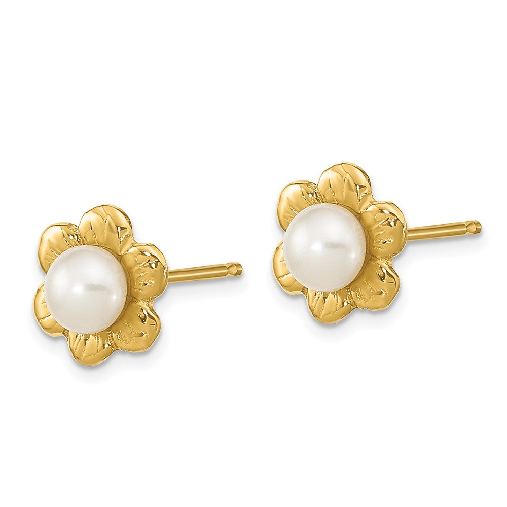 14k 3- White Button Freshwater Cultured Pearl Flower Post Earrings