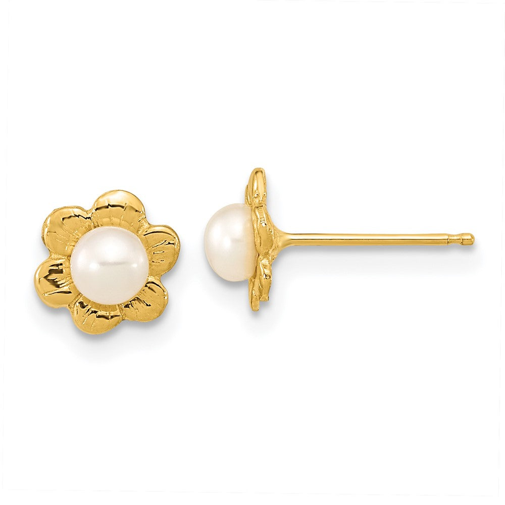 14k 3- White Button Freshwater Cultured Pearl Flower Post Earrings