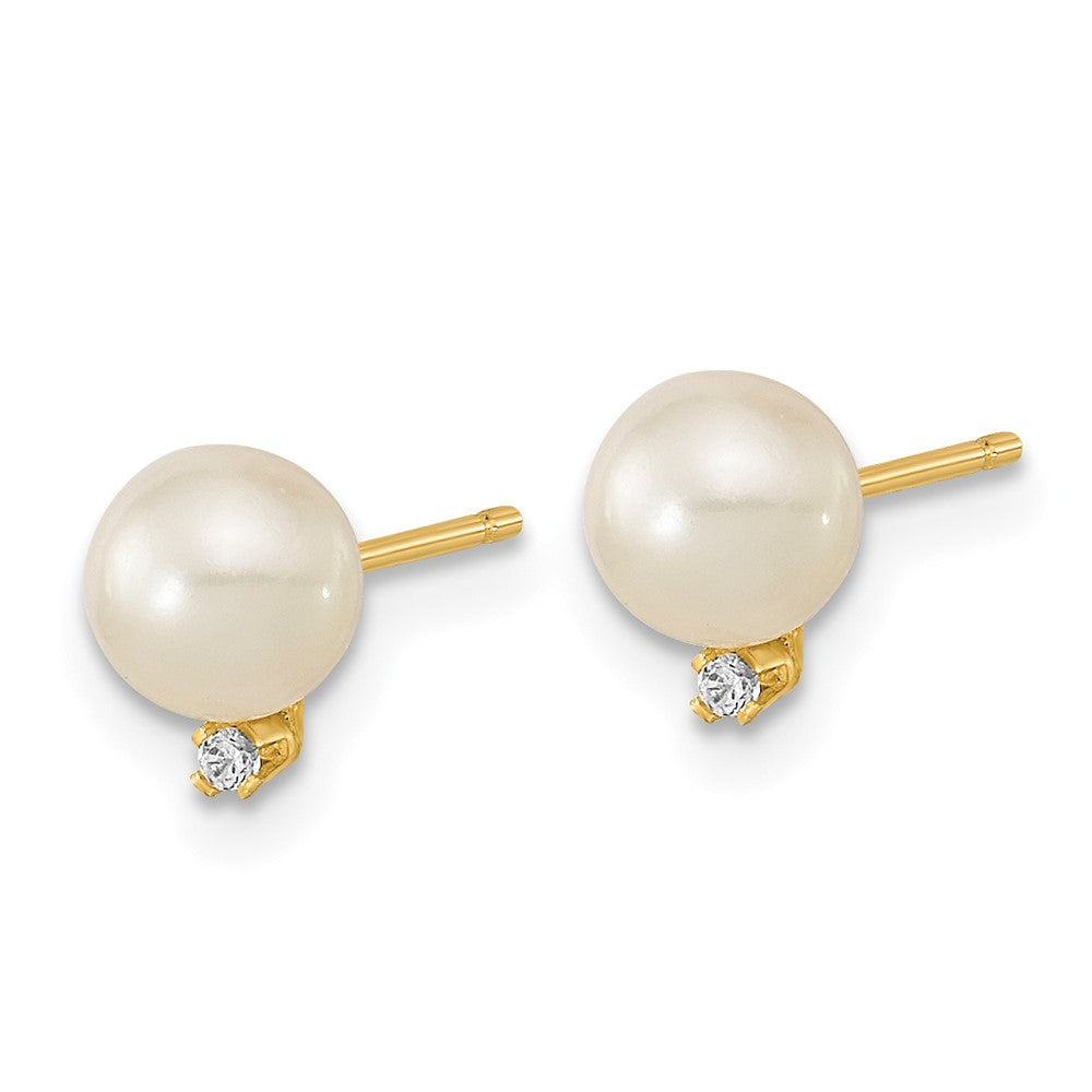 14k 5- White Round Freshwater Cultured Pearl and CZ Post Earrings