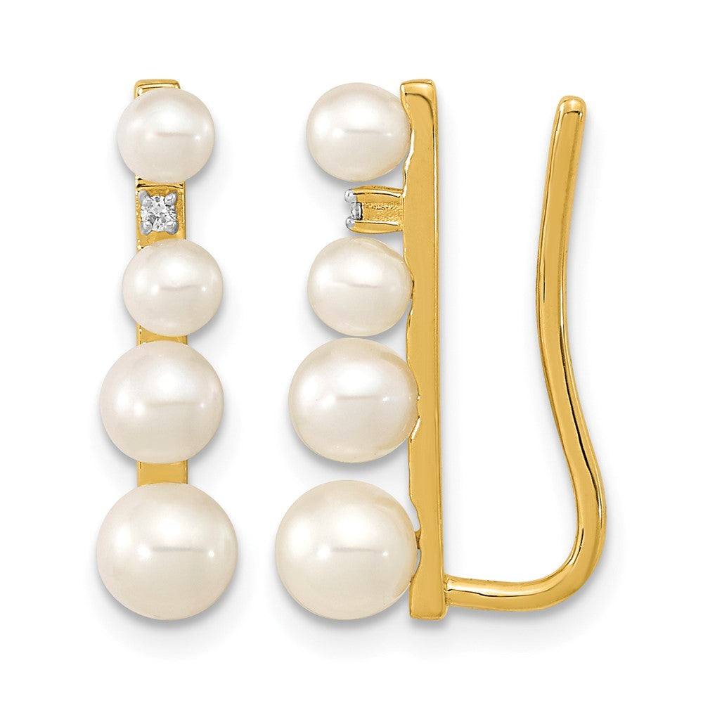 14k 3- Freshwater Cultured Pearl and .016 carat Diamond Ear Climber Earrings