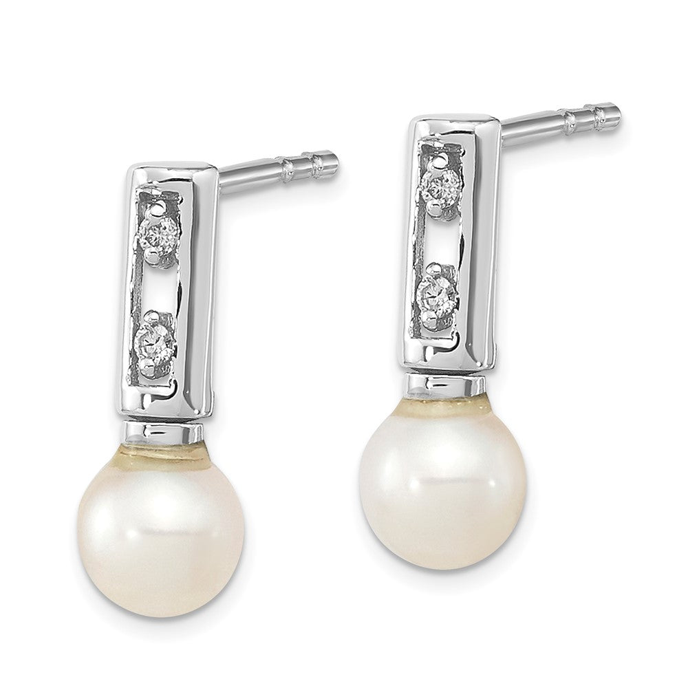 14k White Gold 3- White Round Freshwater Cultured Pearl and .02 carat Diamond Bar Post Earrings