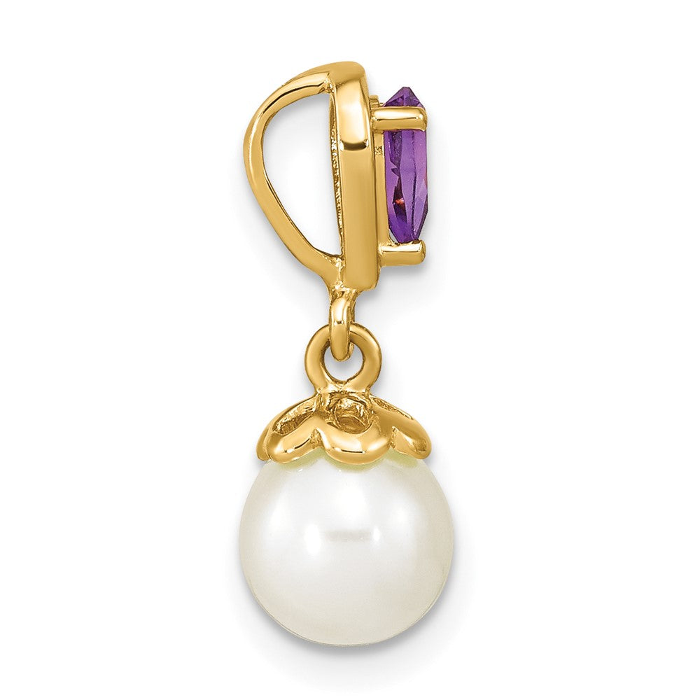 14K 7- Round White Freshwater Cultured Pearl and Pear Amethyst Chain Slide