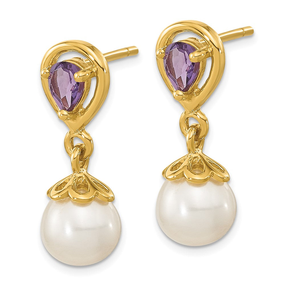 14K 6- White Round Freshwater Cultured Pearl and 3.08AM Pear Amethyst Post Dangle Earrings