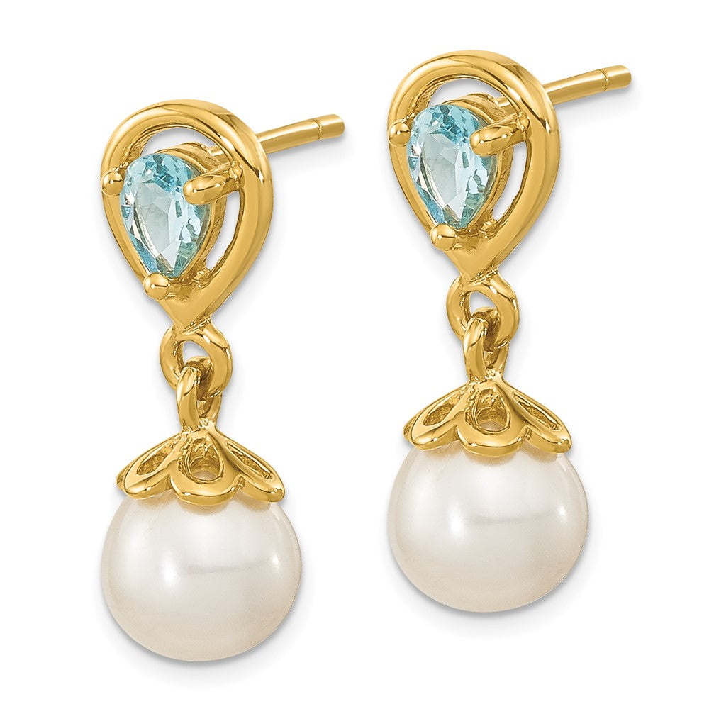 14K 6- White Round Freshwater Cultured Pearl and 3.14BT Pear Light Swiss Blue Topaz Dangle Post Earrings