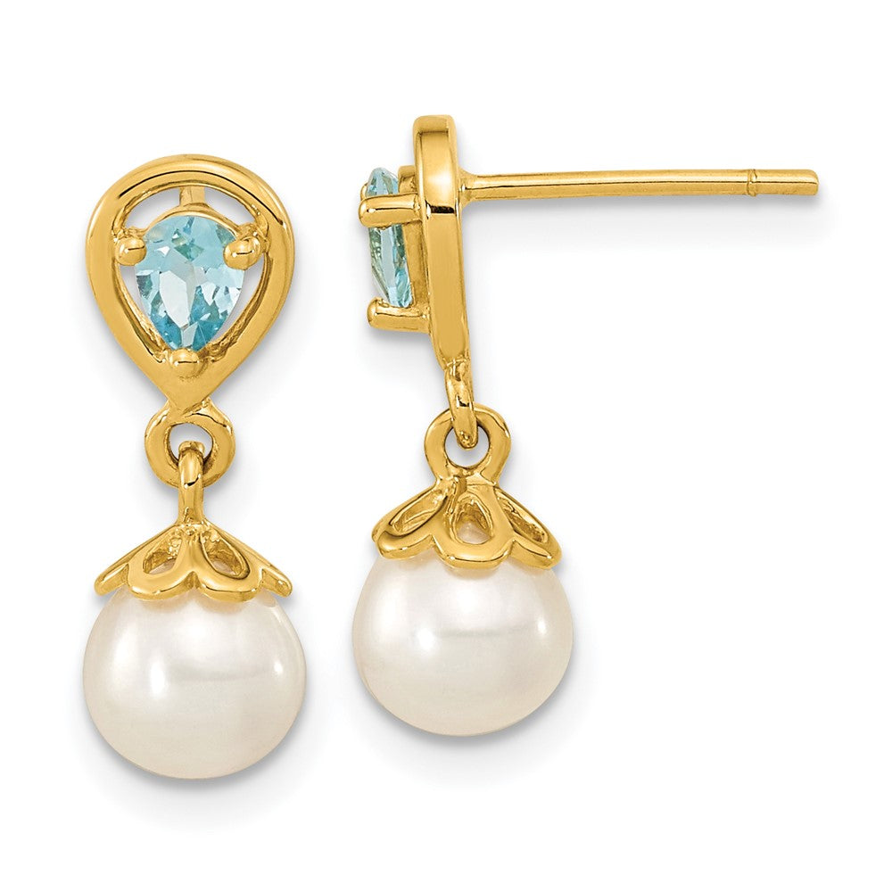 14K 6- FWC Pearl Light Swiss Blue Topaz Dangle Post Earrings