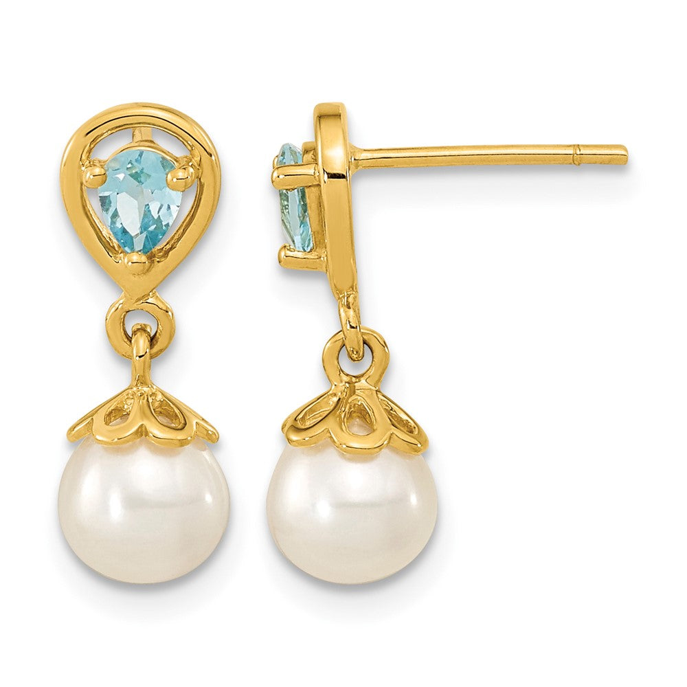 14K 6- White Round Freshwater Cultured Pearl and 3.14BT Pear Light Swiss Blue Topaz Dangle Post Earrings