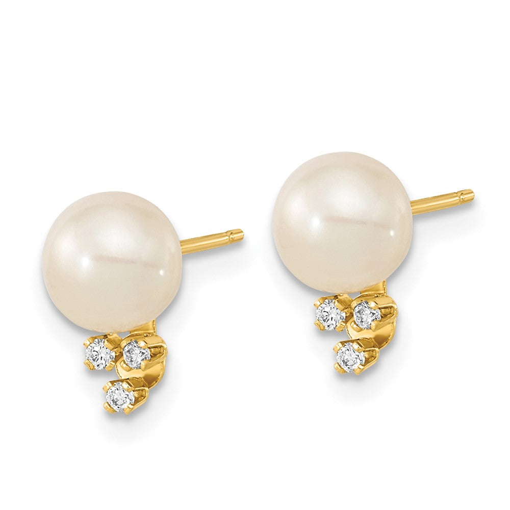 14k 6- White Round Freshwater Cultured Pearl and .06 Carat Diamond Post Earrings