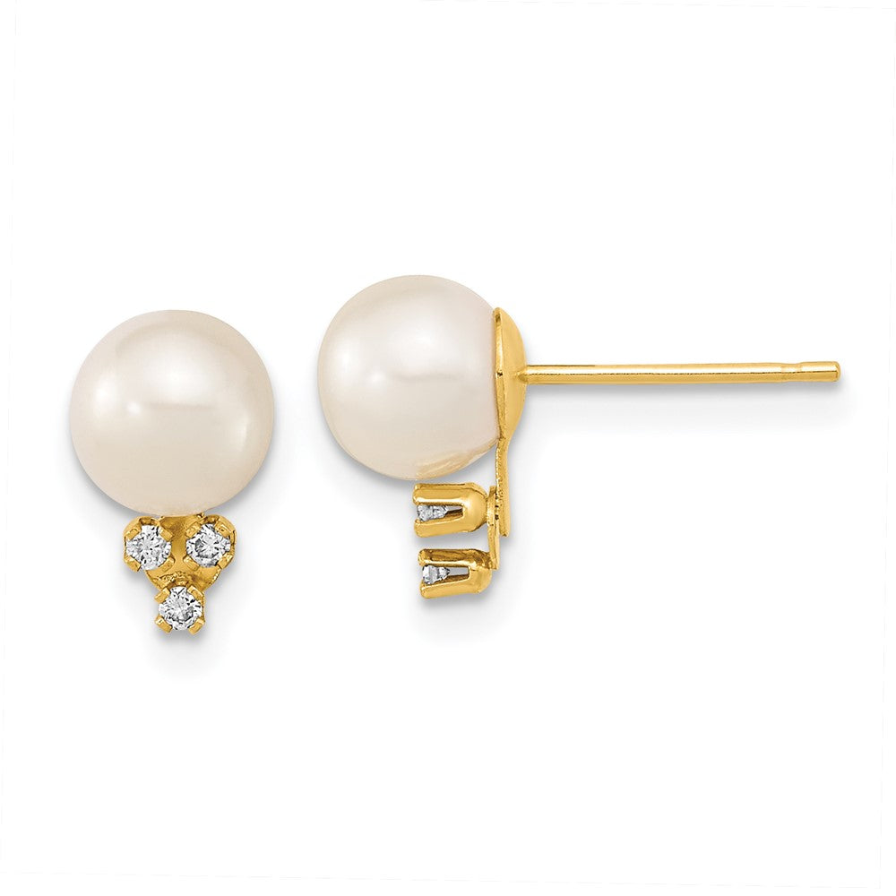 14k 6- White Round Freshwater Cultured Pearl and .06 Carat Diamond Post Earrings