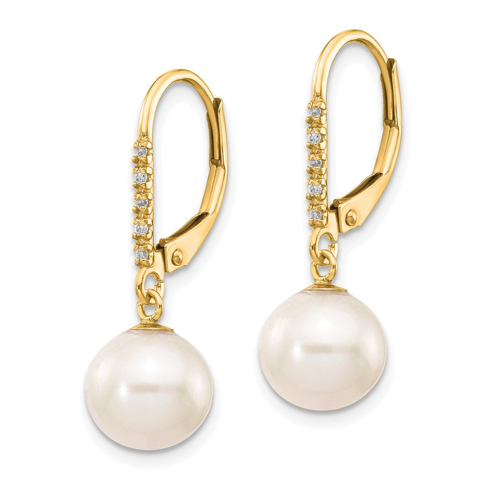 14k 8- White Round Freshwater Cultured Pearl and .05 Carat Diamond Dangle Leverback Earrings