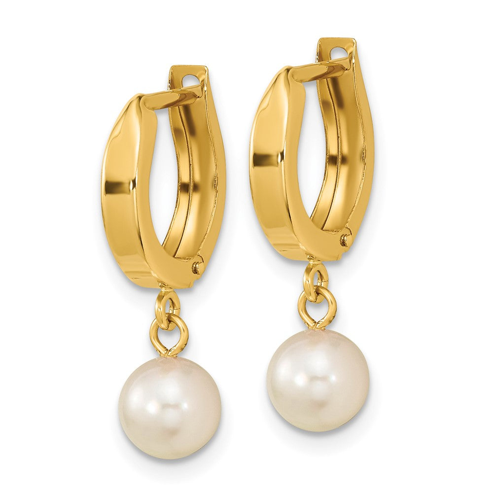 14k 6- White Round Akoya Saltwater Cultured Pearl Dangle Hinged Hoop Earrings