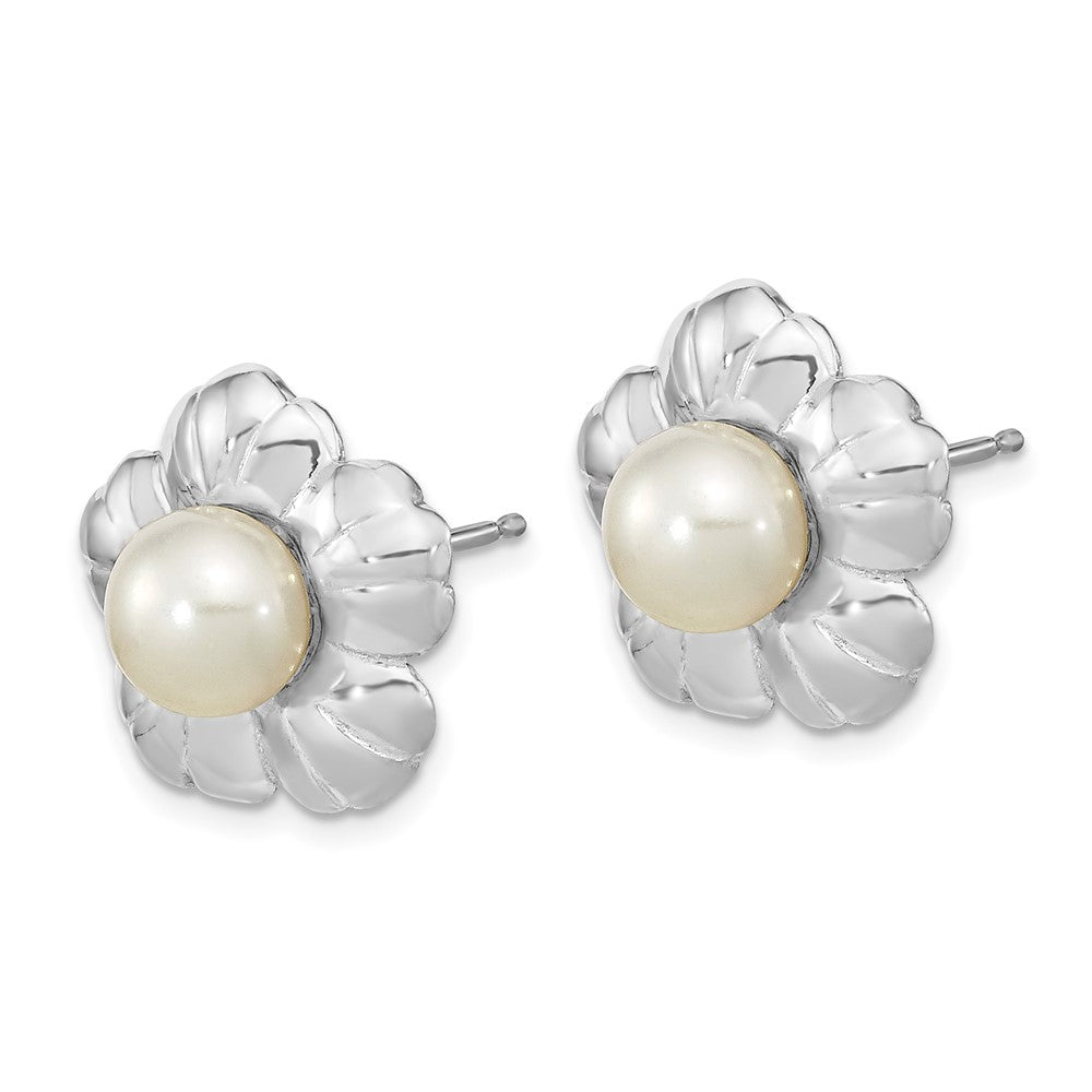 14k White Gold 5- White Button Freshwater Cultured Pearl Flower Post Earrings