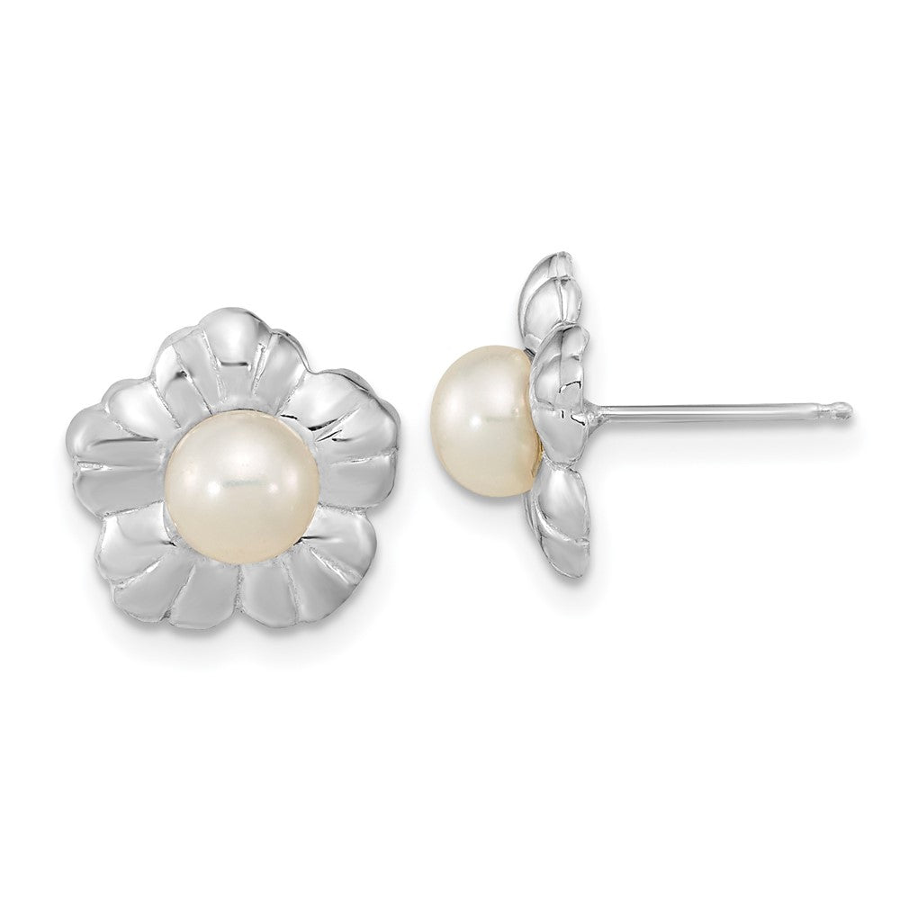 14k White Gold 5- White Button Freshwater Cultured Pearl Flower Post Earrings
