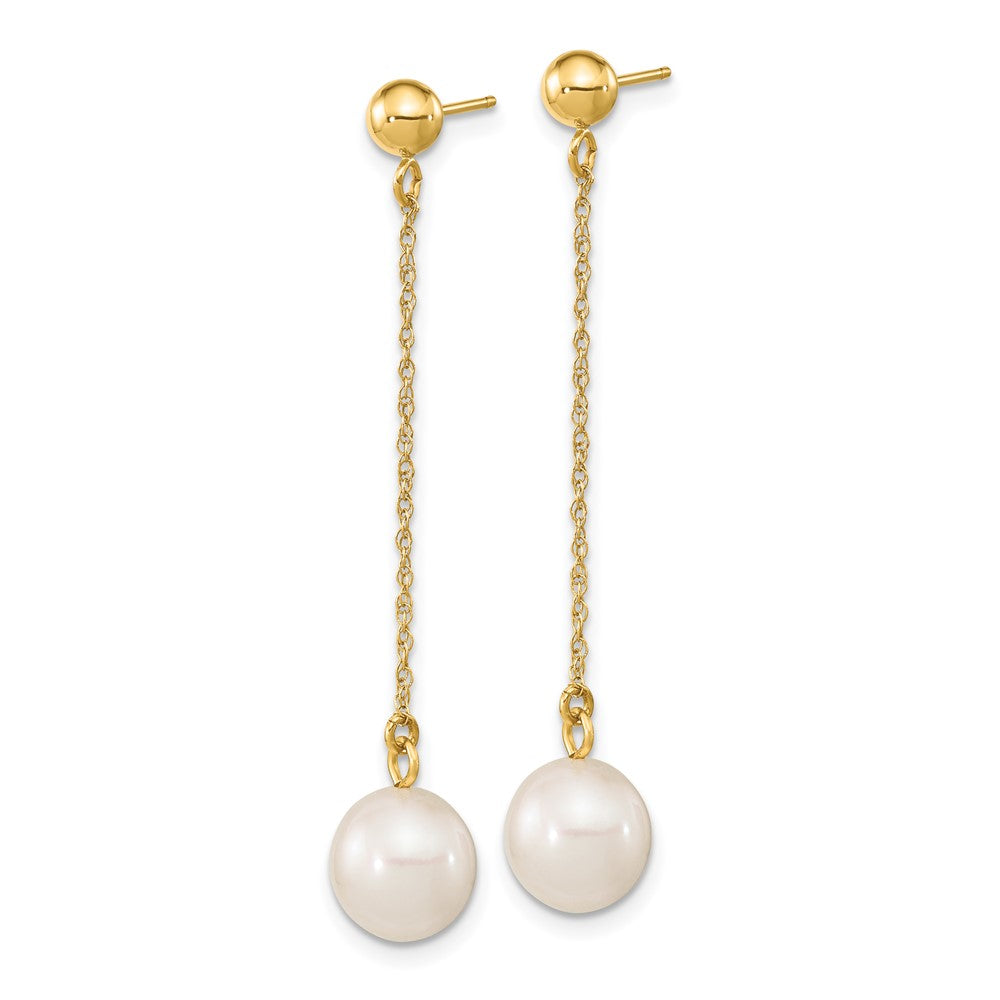 14k 7- White Round Freshwater Cultured Pearl Chain Dangle Post Earrings