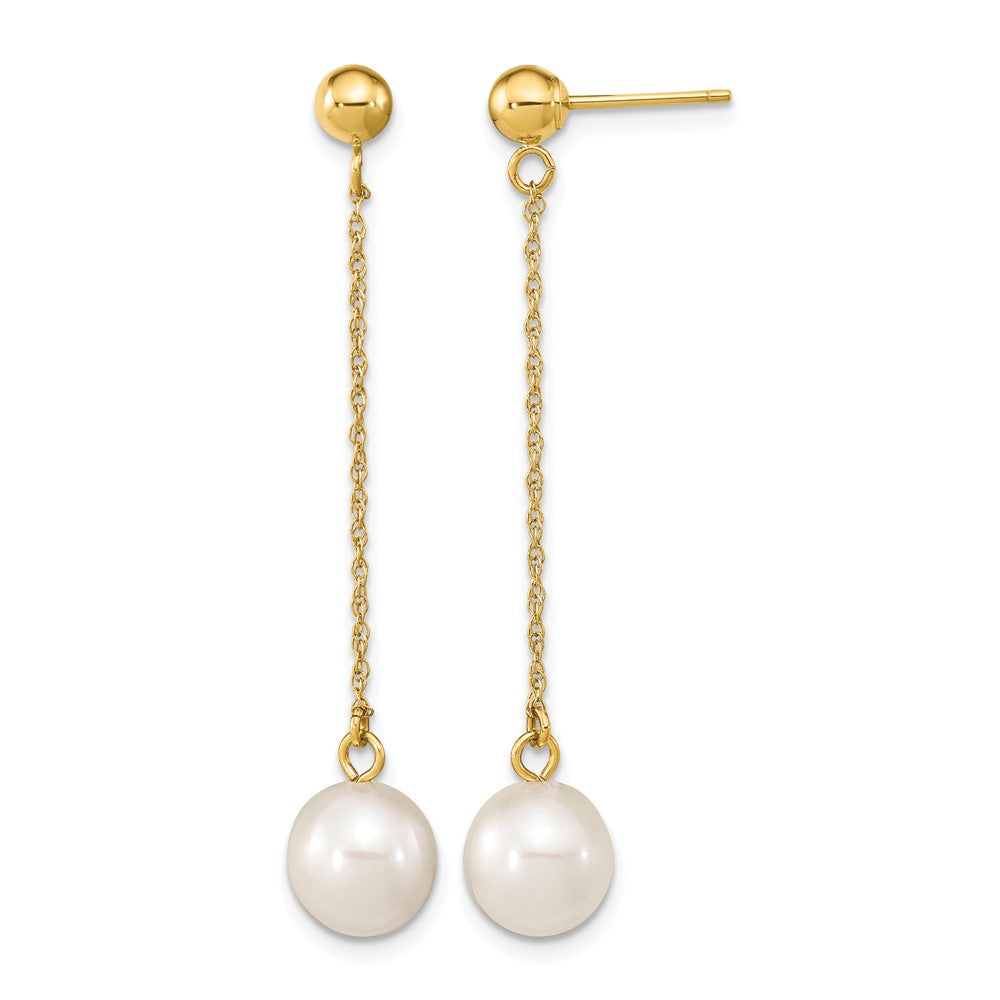 14k 7- White Round Freshwater Cultured Pearl Chain Dangle Post Earrings