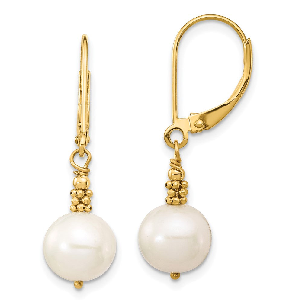 14k 8- White Near-Round Freshwater Cultured Pearl Dangle Leverback Earrings