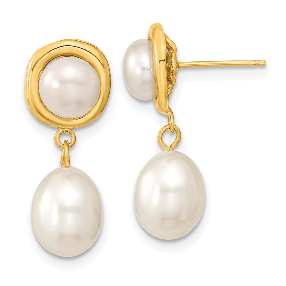 14k 5- White Button and Rice Freshwater Cultured Pearl Post Dangle Earrings
