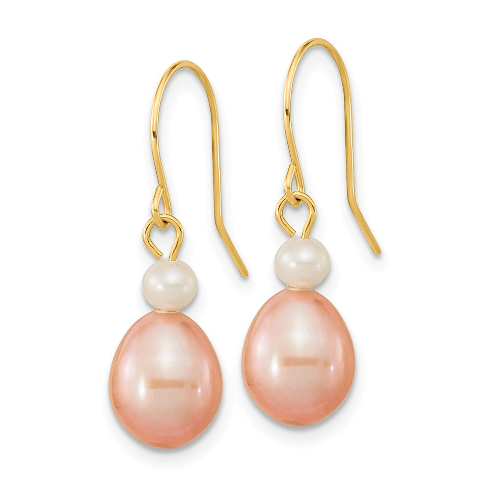 14k 7- Pink Rice and White Round Freshwater Cultured Pearl Dangle Earrings