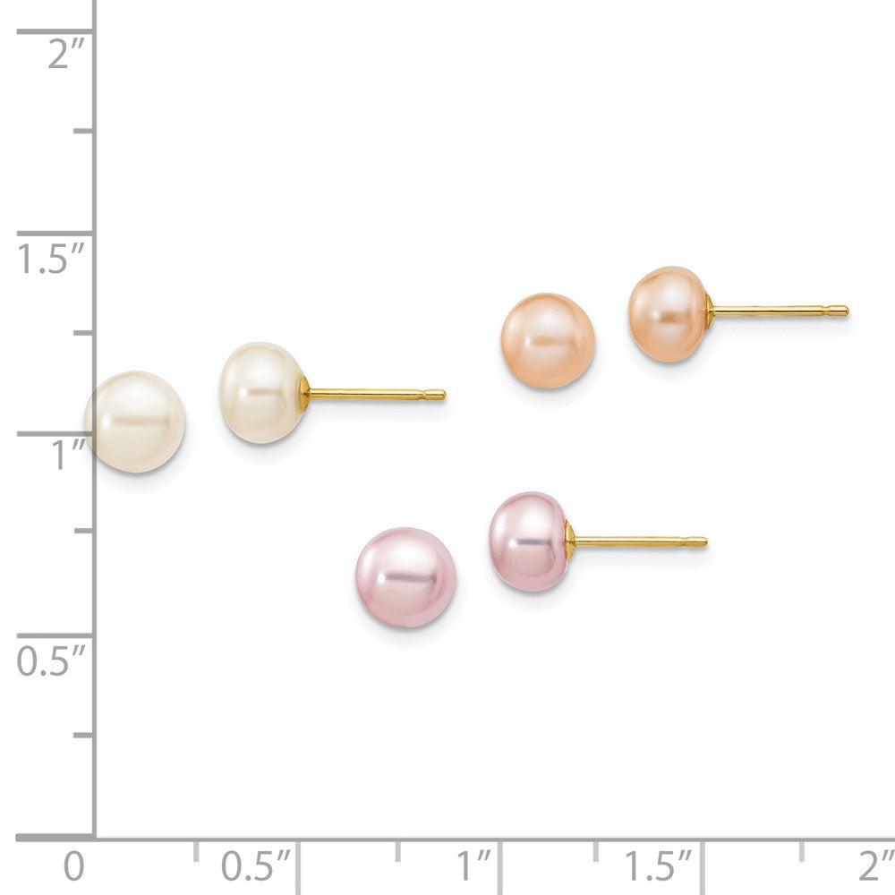 14k 6- Multicolor Button Freshwater Cultured Pearl Boxed 3 Pair Post Earrings Set