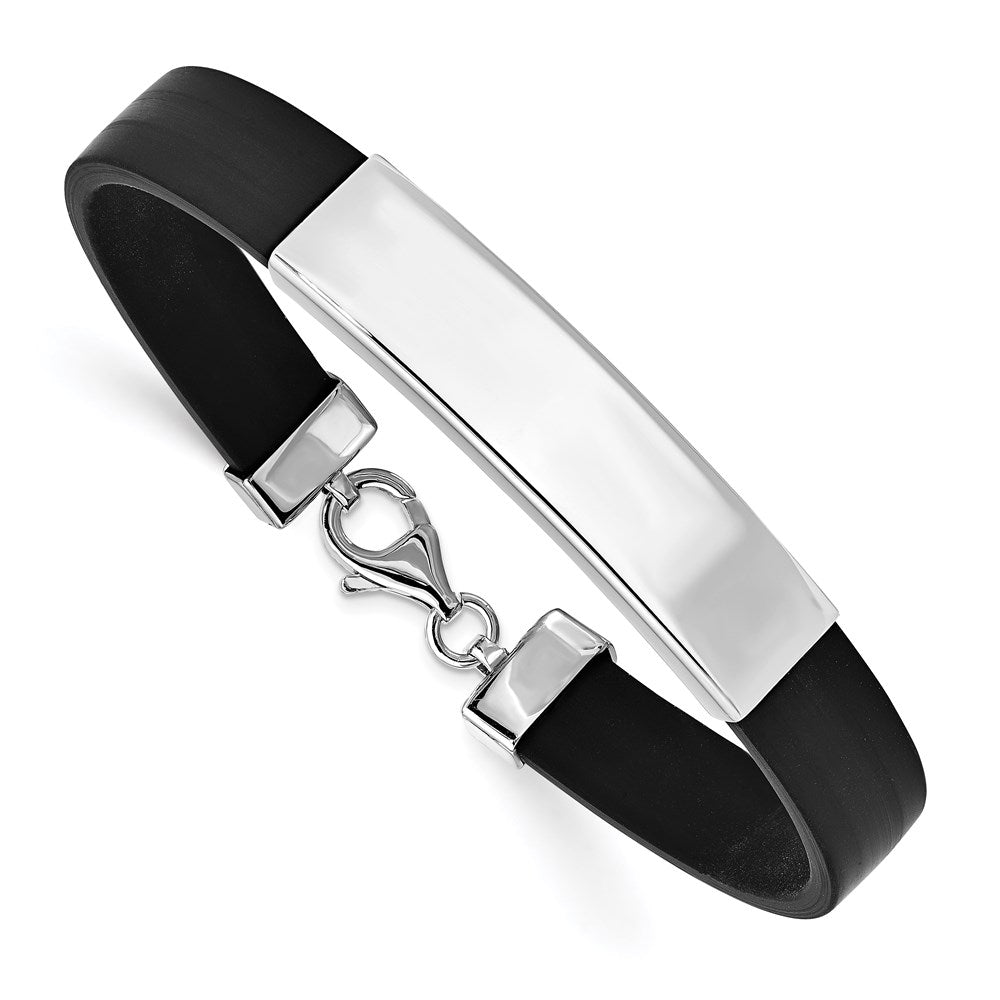 Sterling Silver Rhodium-plated Polished Engravable 42x Plate Black Rubber ID Bracelet