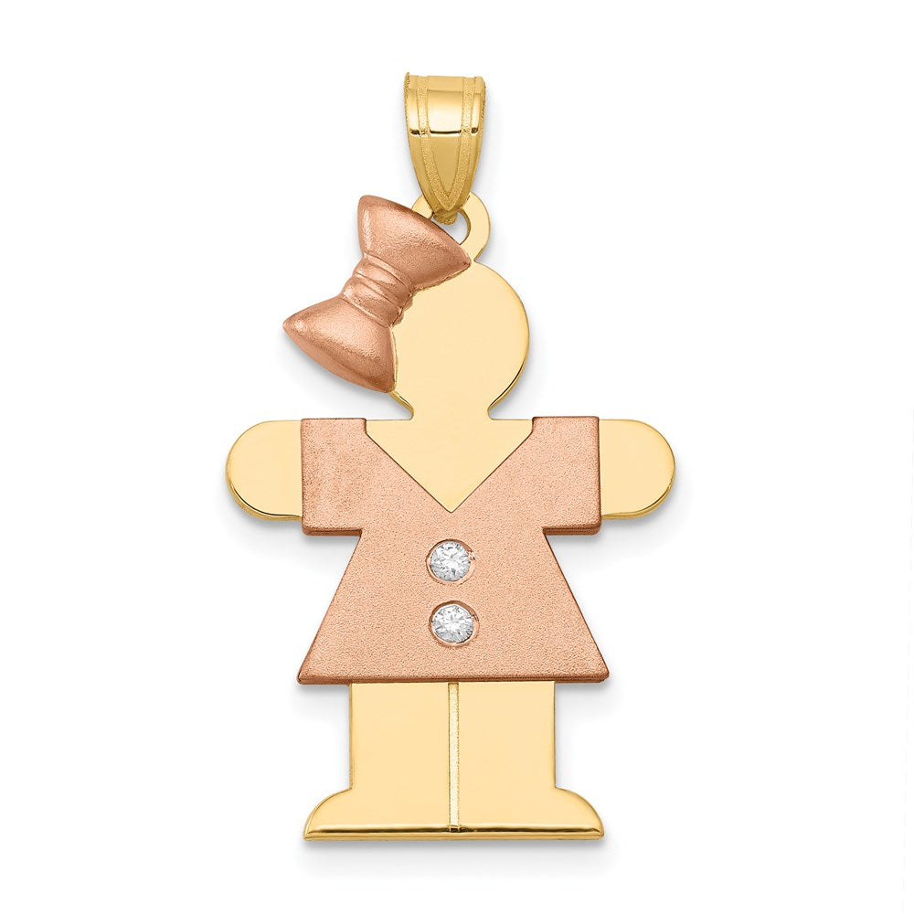 14k Two-tone The Kids Medium Girl with Bow on Left AA Diamond Hugs Pendant