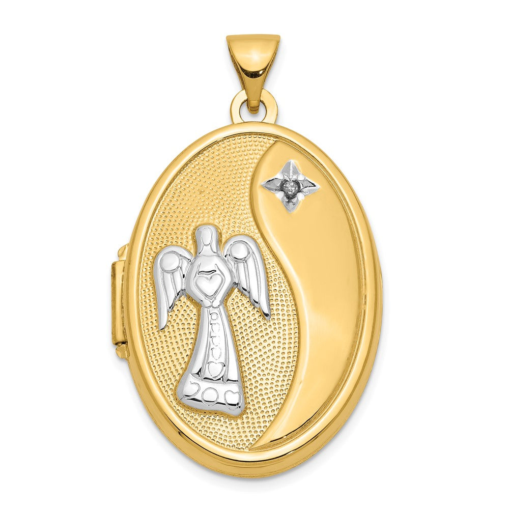 14k with White Rhodium Diamond Guardian Angel with Poem on Reverse Oval Family Locket