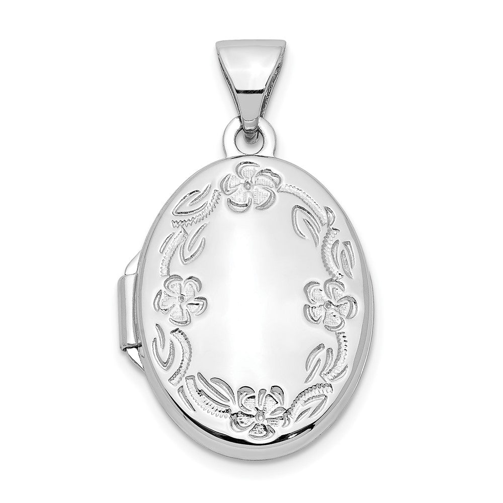 14k White Gold Oval Leaf Floral Hand Engraved Locket