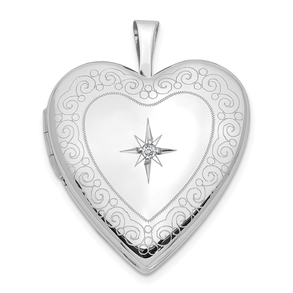 14K White Gold Diamond Side Swirl Edge Heart Locket