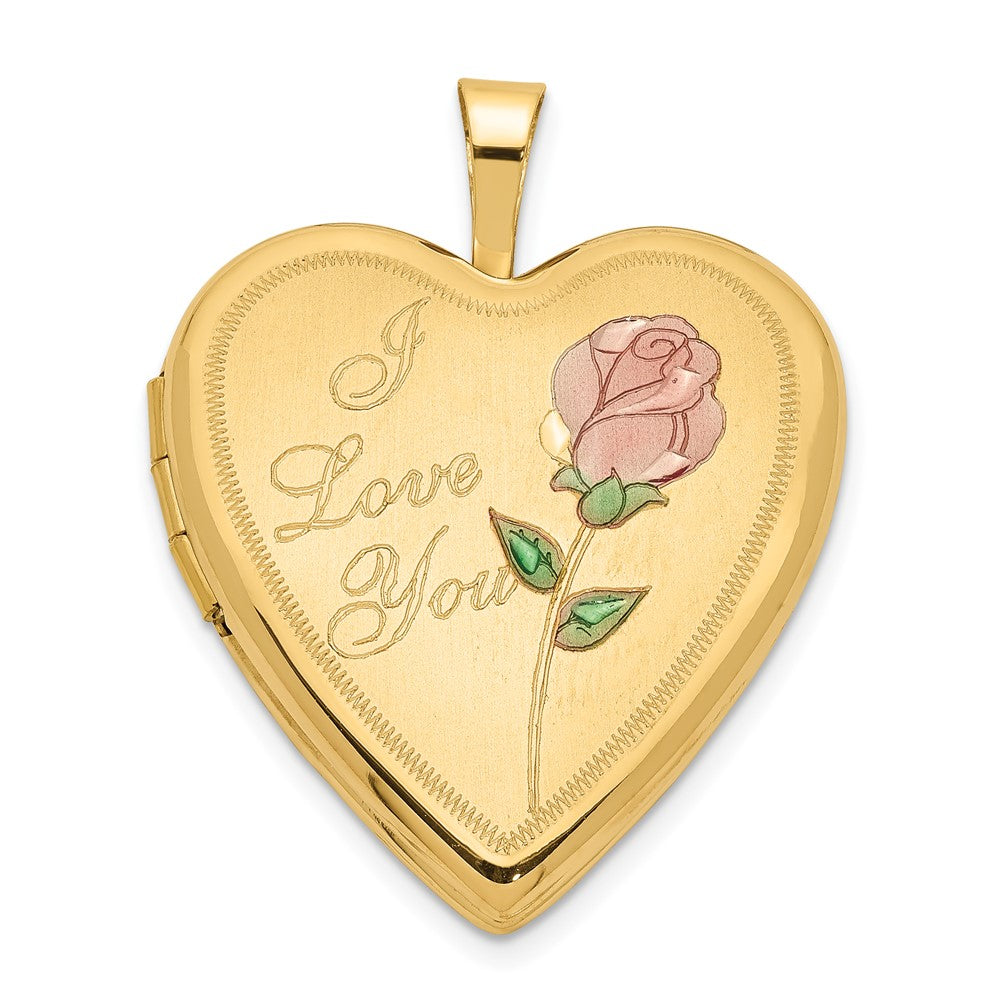 14K Pink and Green Enamel Rose I LOVE YOU Script Heart Locket