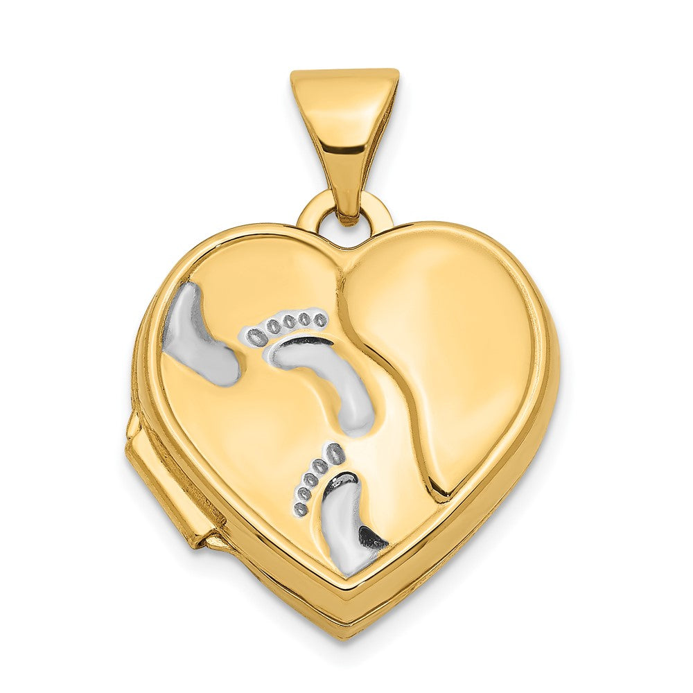 14ky w/ White Rhodium Heart Foot Prints Locket