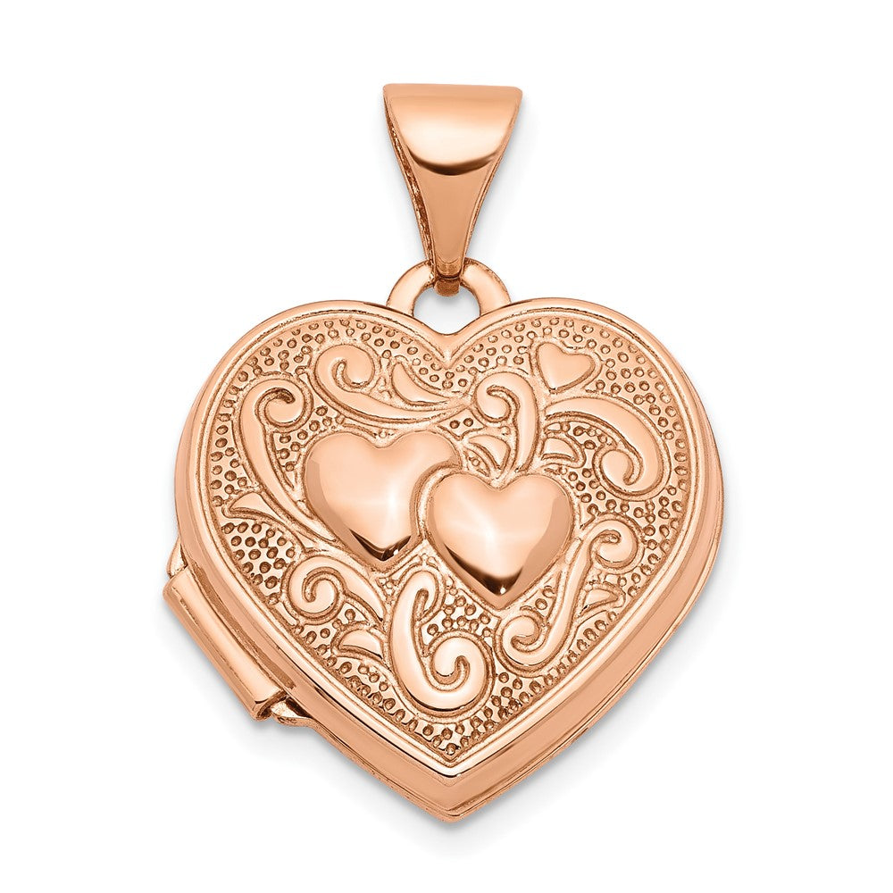14k Rose Gold Textured Double Heart Scroll Design Heart Locket