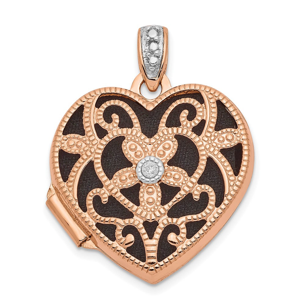 14k Rose Gold Diamond Vintage Filigree with Black Fabric Interior Heart Locket