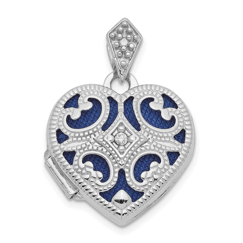 14k White Gold Diamond Vintage Filigree with Blue Fabric Interior Heart Locket