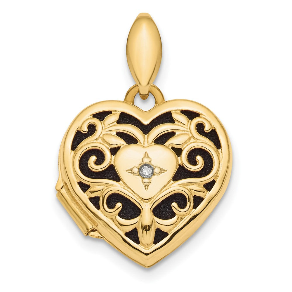14k Polished Diamond Filigree with Black Fabric Interior Heart Locket