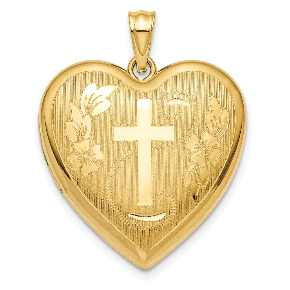 14k Textured and Diamond-cut Floral Cross Ash Holder Heart Locket