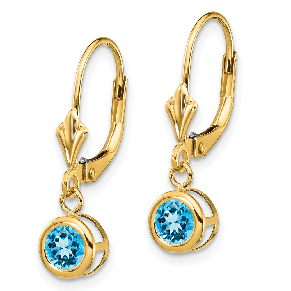 14k Round Blue Topaz Bezel Leverback Dangle Earrings