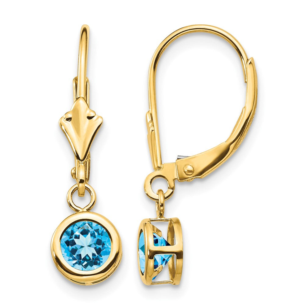 14k Round Blue Topaz Bezel Leverback Dangle Earrings