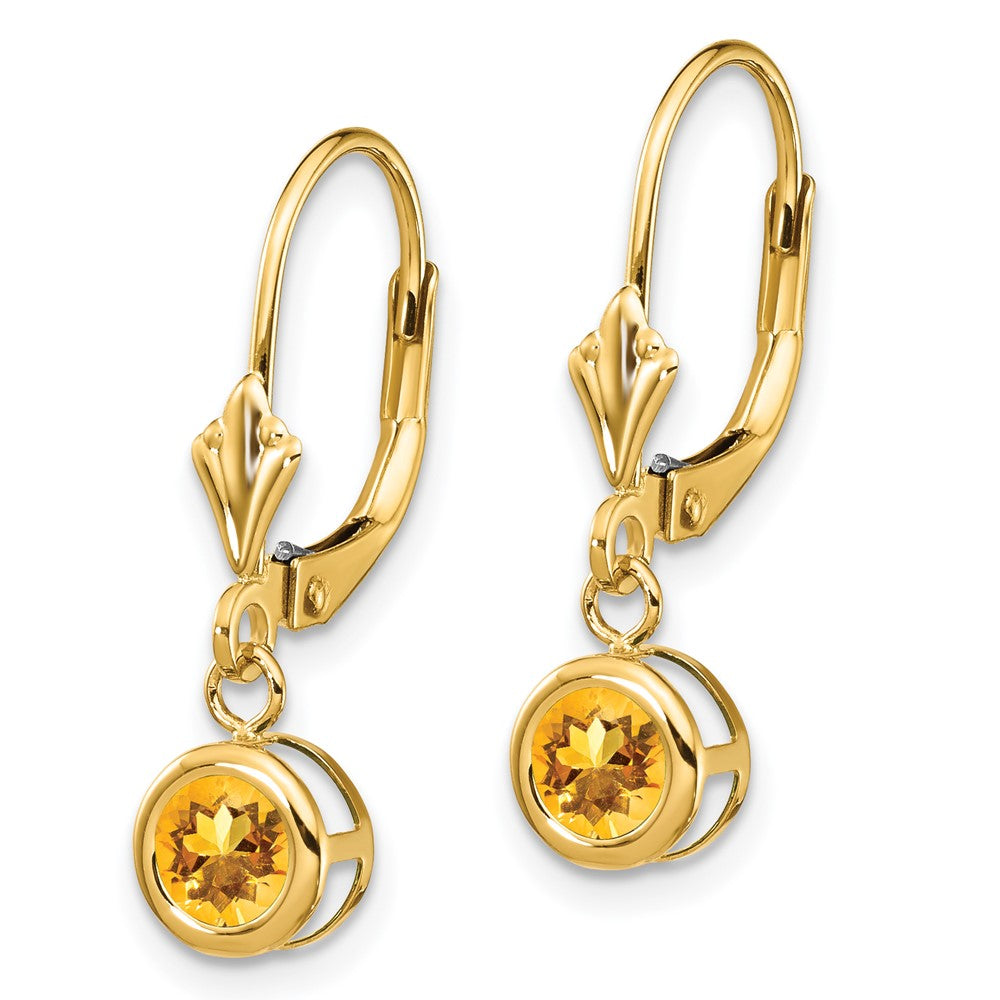 14k Round Citrine Bezel Leverback Dangle Earrings