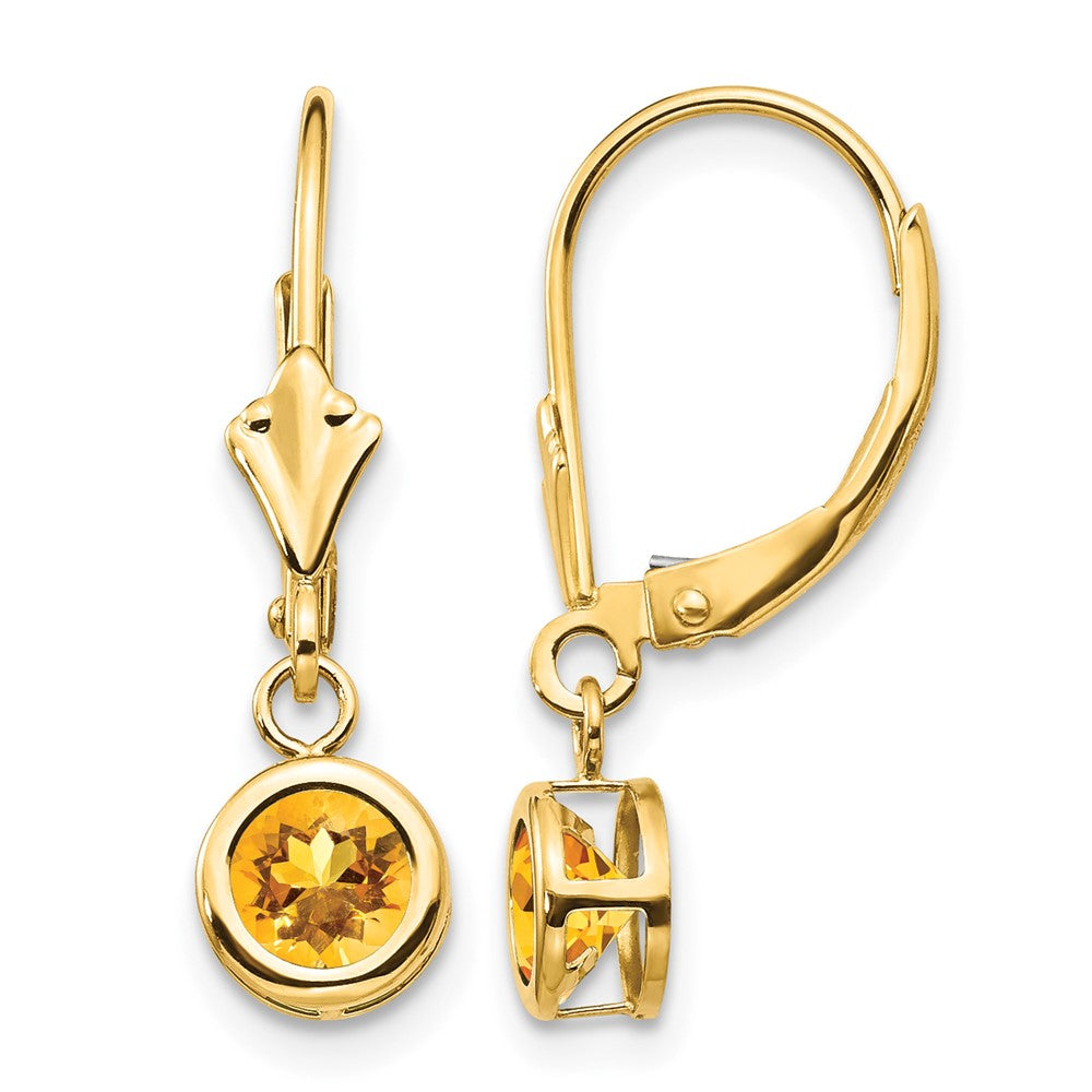 14k Round Citrine Bezel Leverback Dangle Earrings