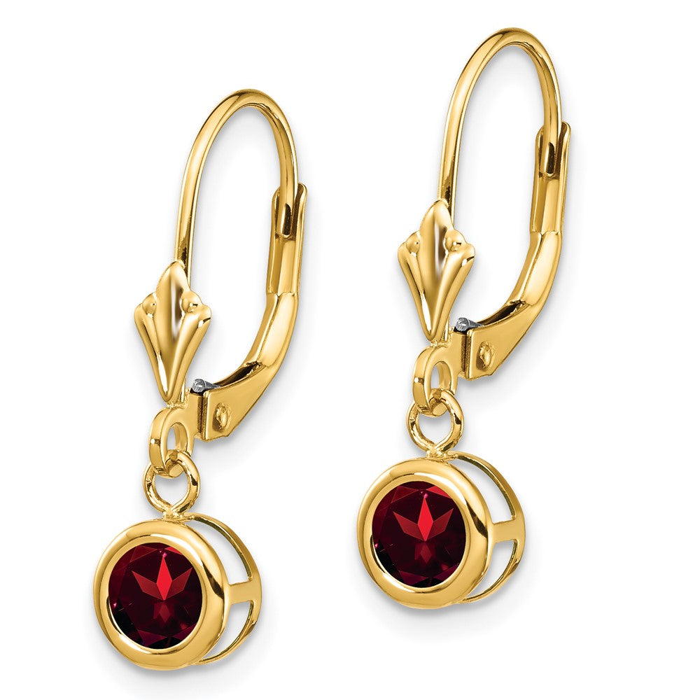 14k Round Garnet Bezel Leverback Dangle Earrings