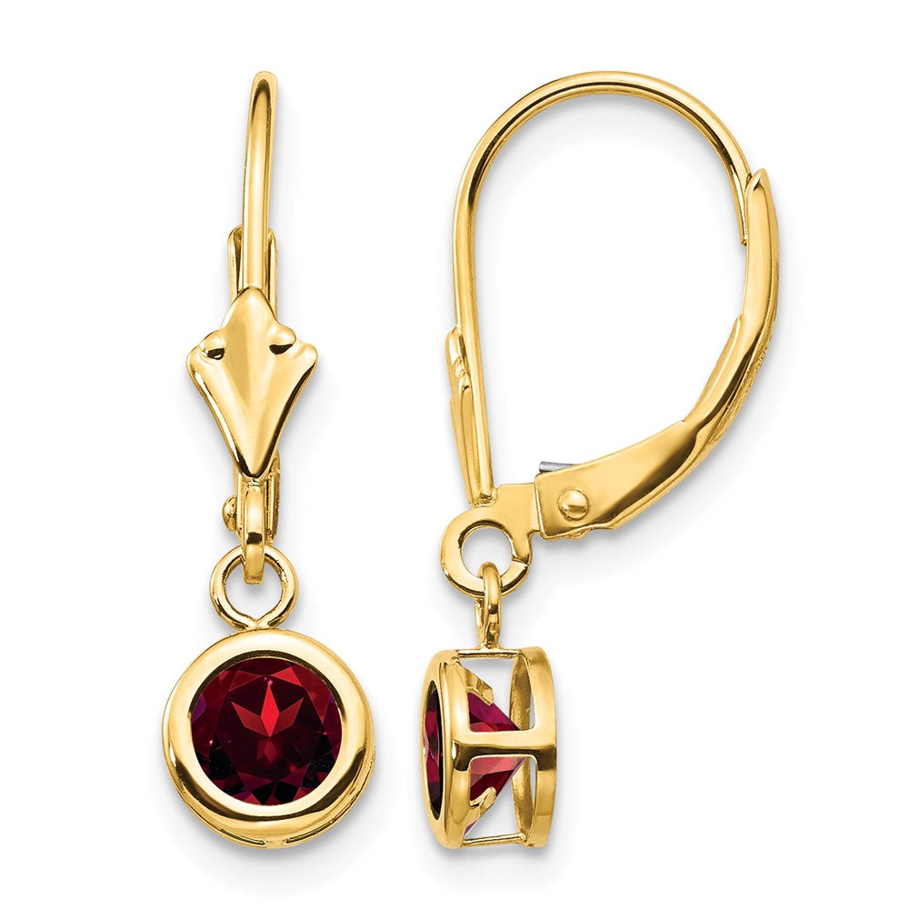 14k Round Garnet Bezel Leverback Dangle Earrings