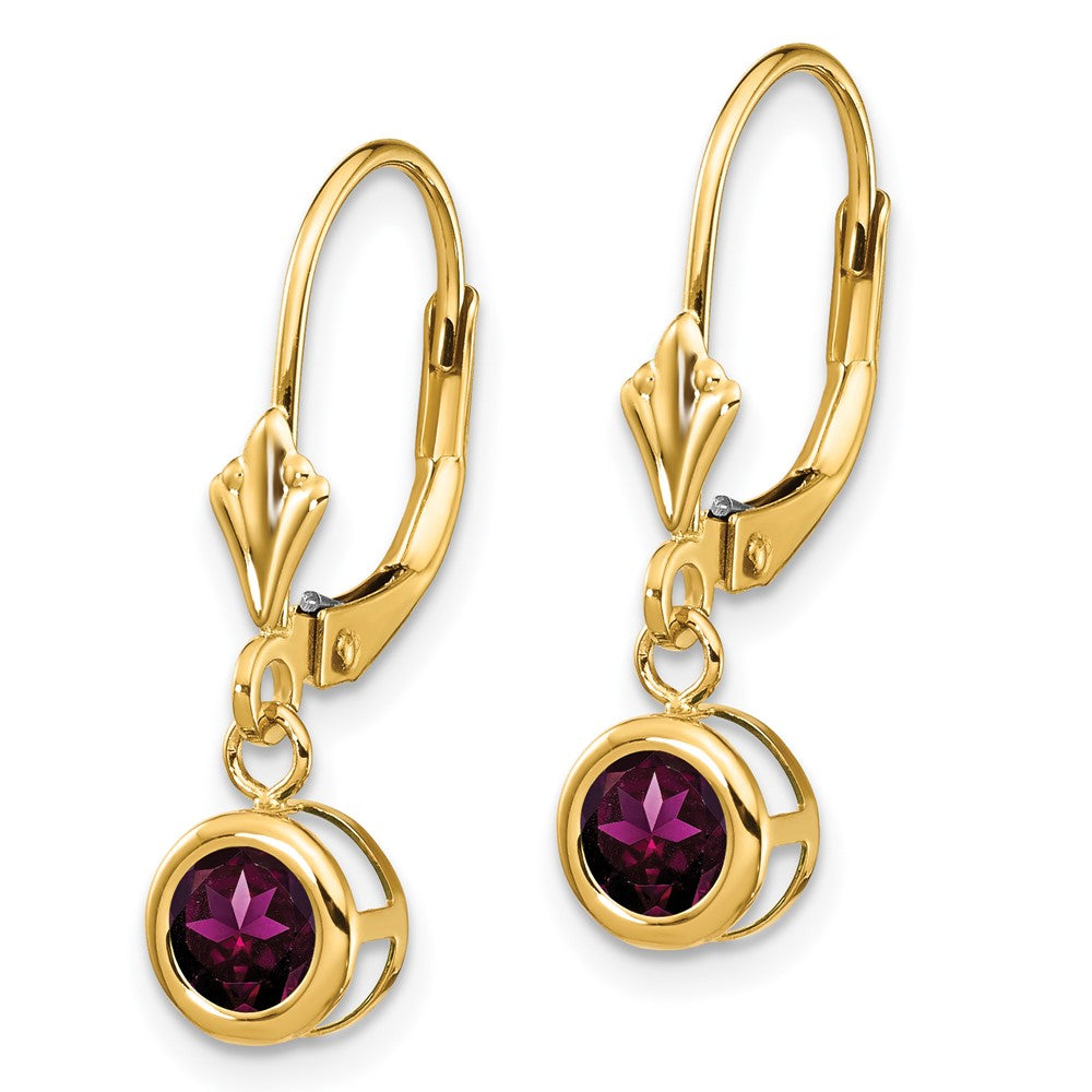 14k Round Rhodolite Garnet Bezel Leverback Dangle Earrings