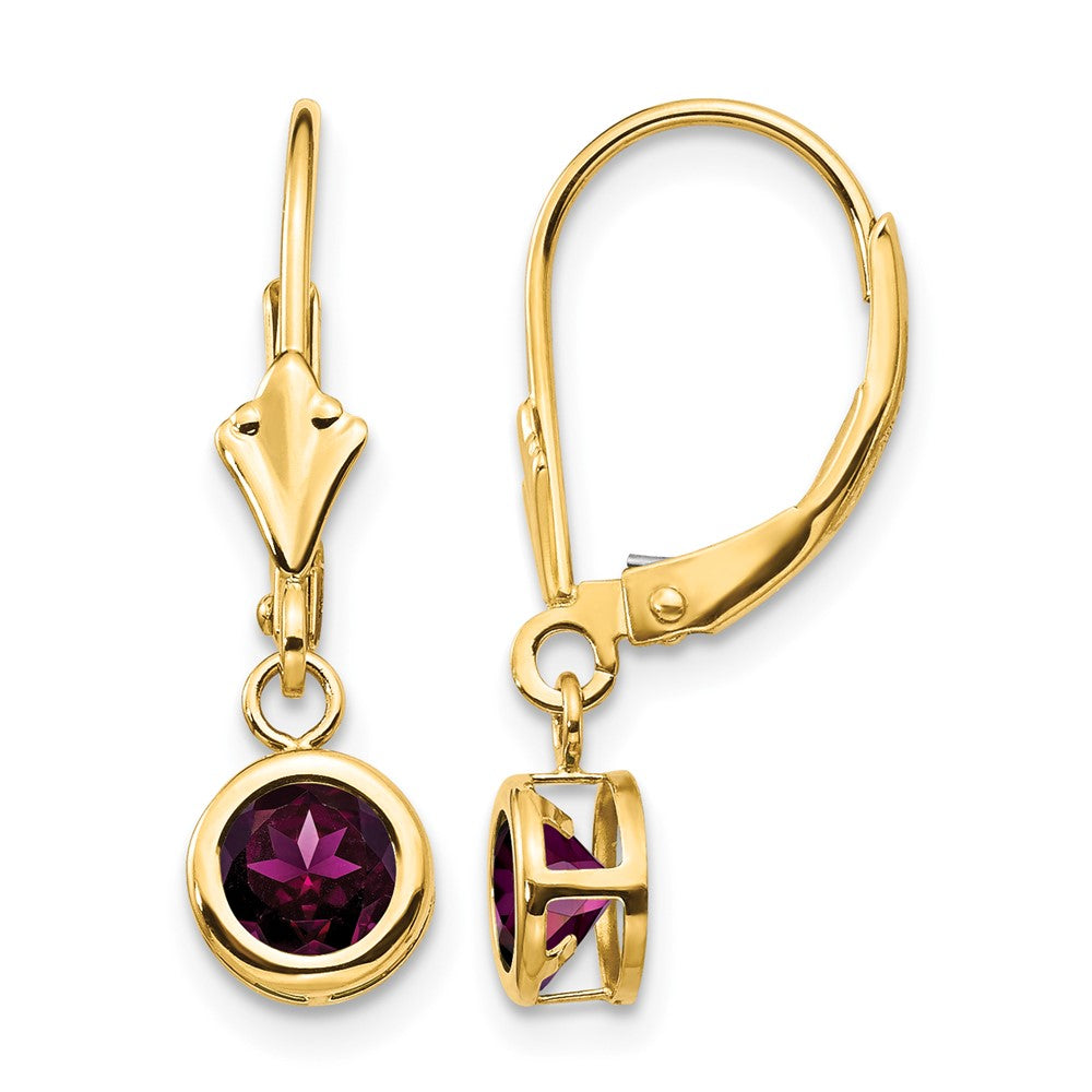 14k Round Rhodolite Garnet Bezel Leverback Dangle Earrings