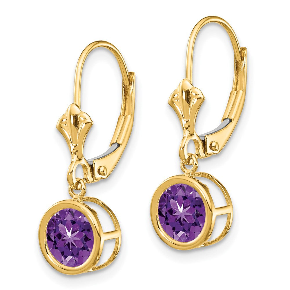 14k Round Amethyst Bezel Leverback Dangle Earrings